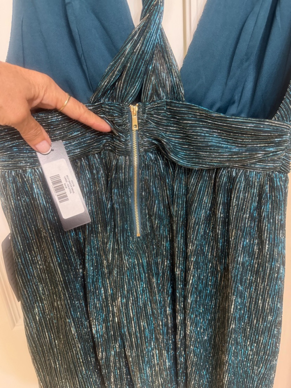 Lulu's Teal & Gold Shimmer Halter Dress - L - Picture 11 of 15